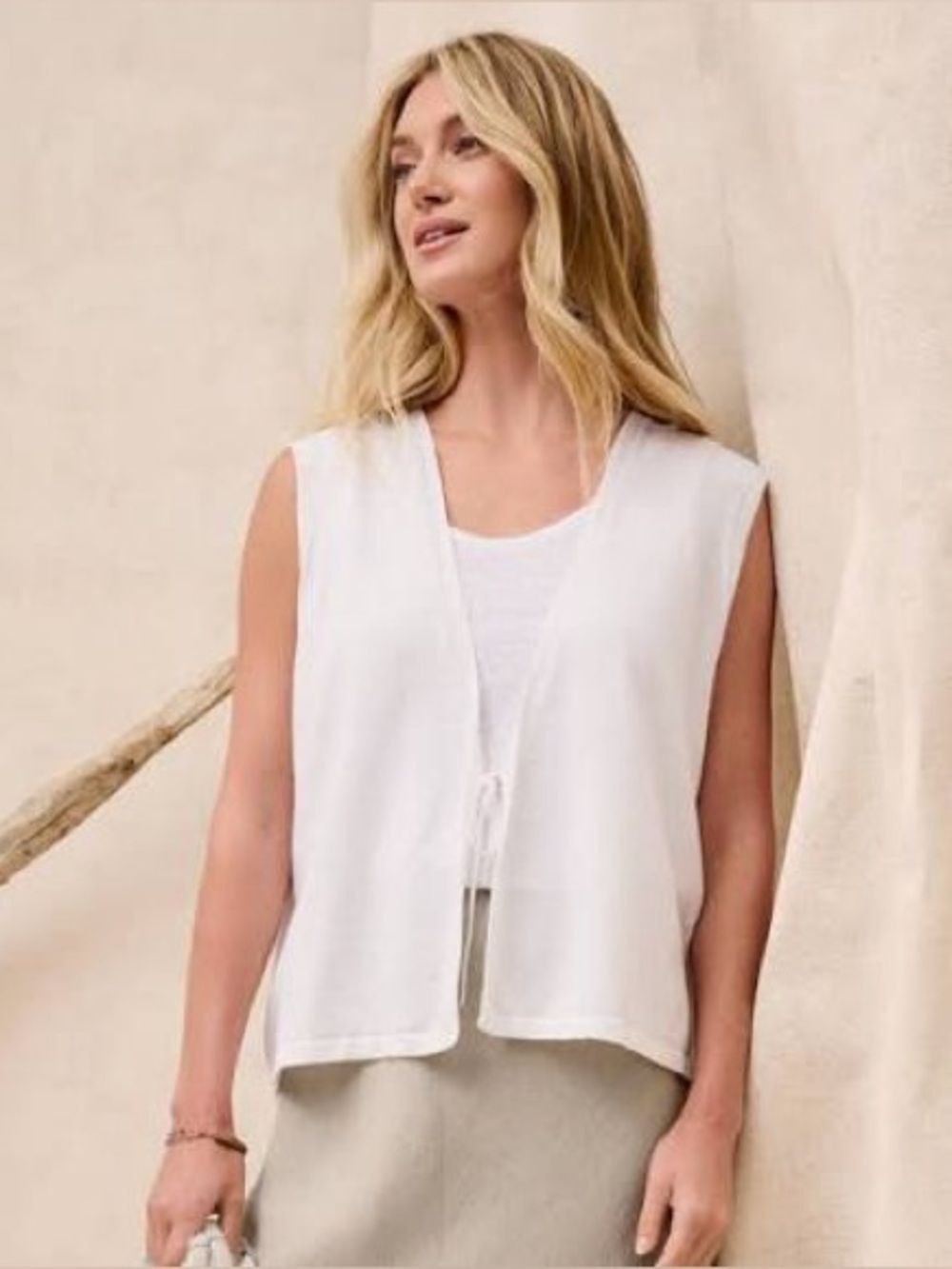 NWT Eileen Fisher White Organic Cotton Linen Tie Waist Sweater Vest Top